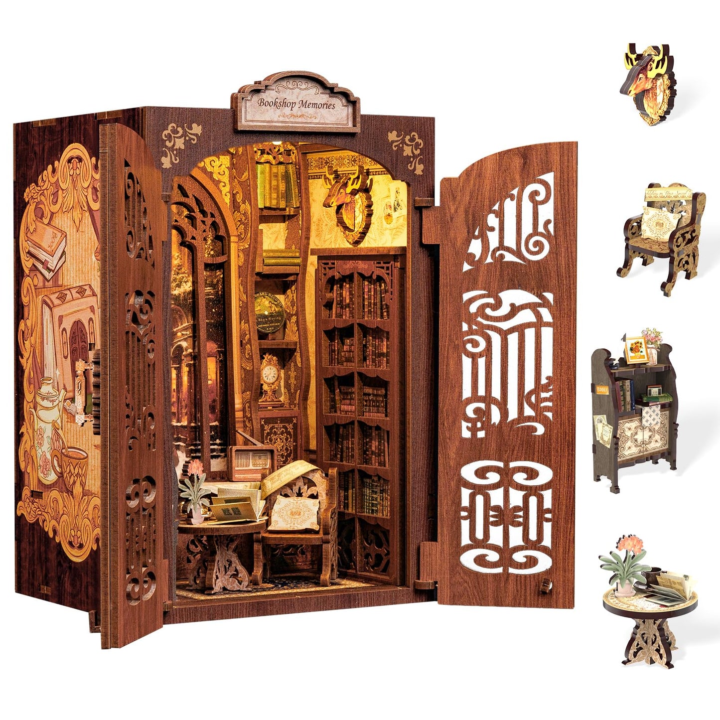 CUTEBEE DIY Book Nook Kit  Miniature House Kits for mature-themed and Teens  DIY Miniature Book Nook kit with Sensor Led Light  Gifts for Lovers and Family (Bookshop Memories)
