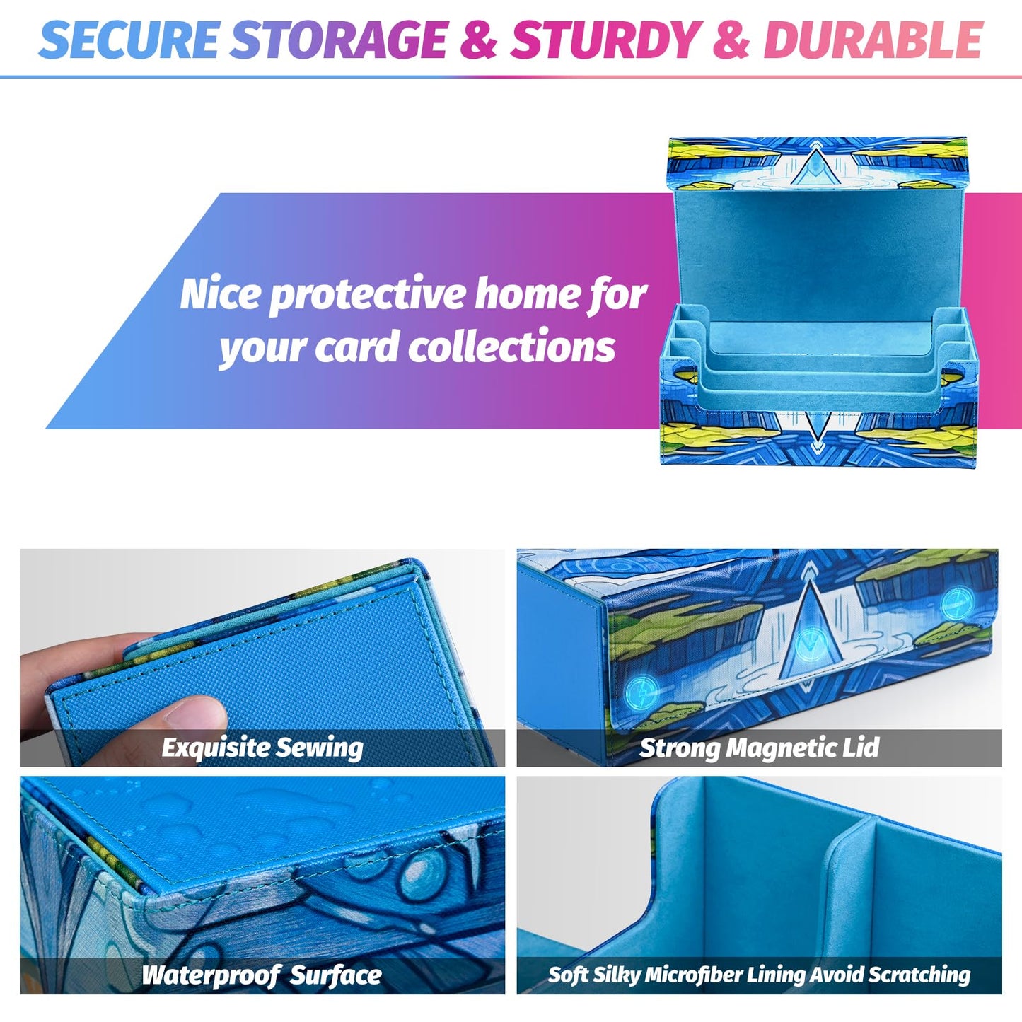 Uaono Card Storage Box For Mtg, Trading Card Deck Box Holds 1800+ With 6 Dividers, Leather Printing Magnetic Closure Card Storage Case Fits Tcg Ccg Sports Cards (Blue, Water Drop)