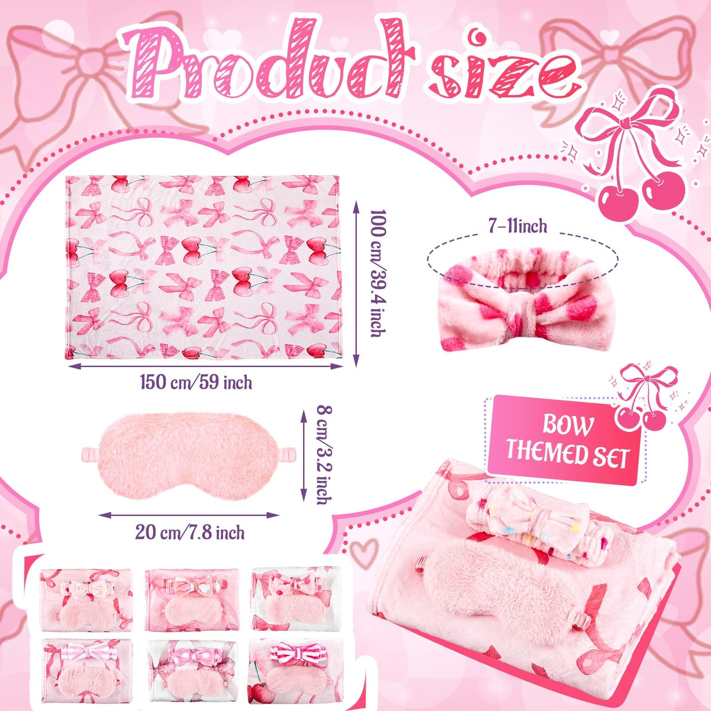 18 Pcs Sleepover Party Supplies for Girls, 6 Different Style Pink Bow Blanket 6 Coral Fleece Bow Spa Headband 6 Plush Pink Eye M