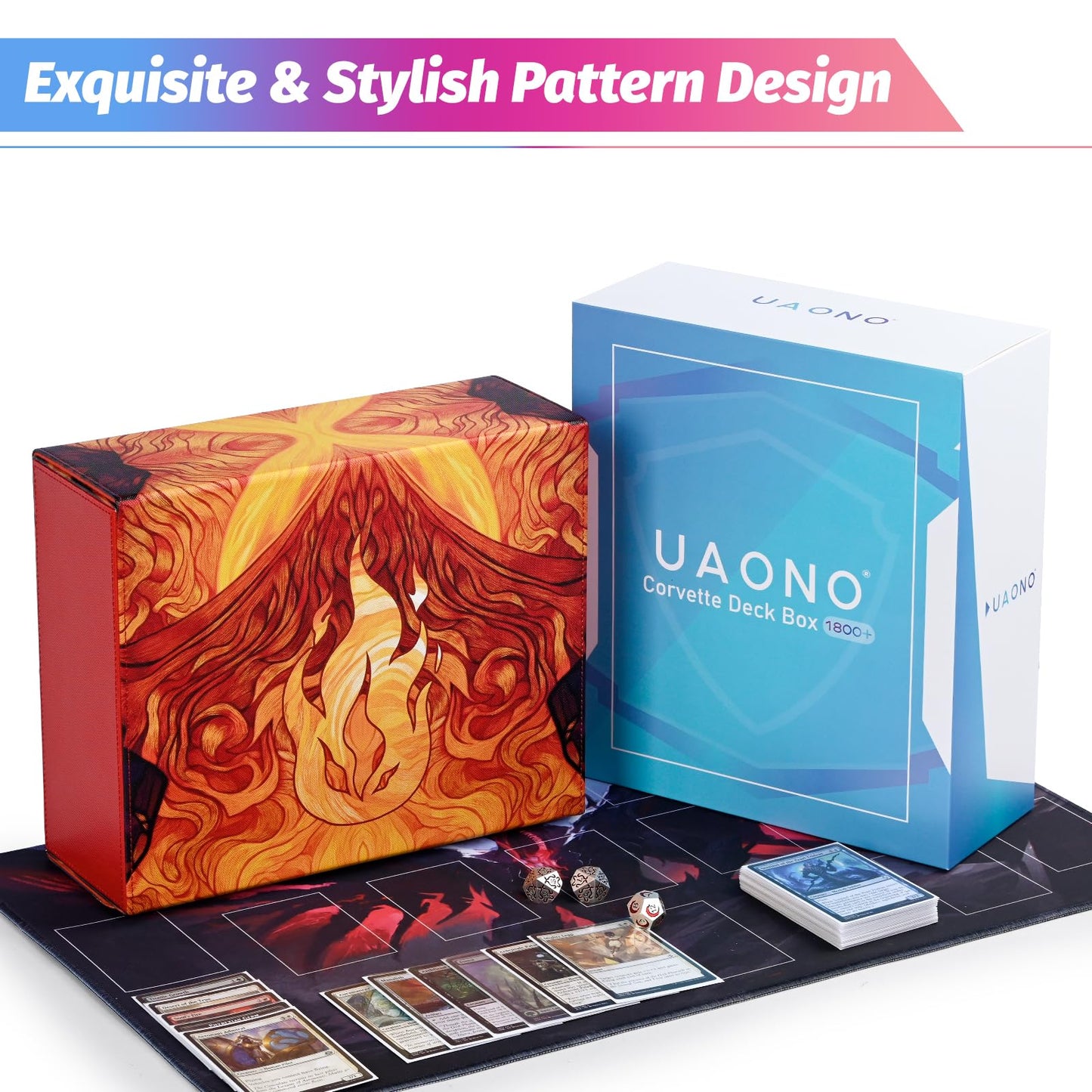 Uaono Card Storage Box For Mtg, Trading Card Deck Box Holds 1800+ With 6 Dividers, Leather Printing Magnetic Closure Card Storage Case Fits Tcg Ccg Sports Cards (Red, Flame)
