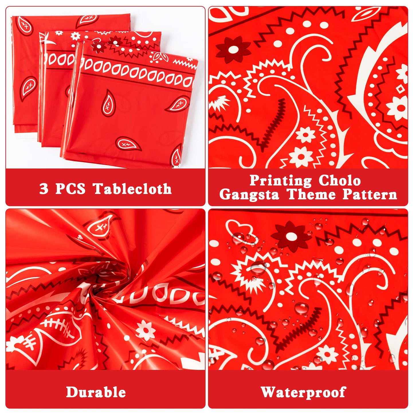 K1Tpde 3Pcs Red Bandana Party Tablecloths, Cholo Gangsta Theme Bandana Table Covers, Bandana Plastic Tablecloth, Cholo Themed Western Party Decorations For Adult, Cholo Theme Western Party Supplies
