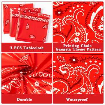 K1Tpde 3Pcs Red Bandana Party Tablecloths, Cholo Gangsta Theme Bandana Table Covers, Bandana Plastic Tablecloth, Cholo Themed Western Party Decorations For Adult, Cholo Theme Western Party Supplies