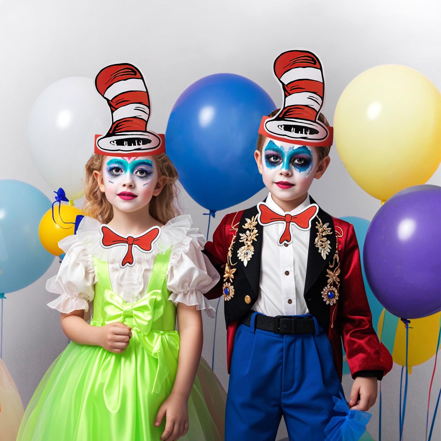 Wehhbtye 24 Pcs White and Red Striped Paper Hats and Bow Tie, Red Cat Costume Top Hat with Glue Point, Circus Paper Headwear for