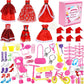 Janyun Dresses Accessories, 6 Styles Christmas Doll Clothes With 6 Pcs Xmas Hats Party Gown Outfits Set For Doll And 98Pcs Girl Dolls Shoes Necklace Bags Hanger Tableware Mirror