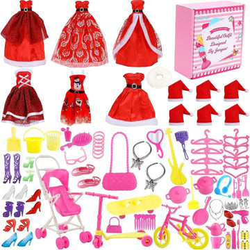 Janyun Dresses Accessories, 6 Styles Christmas Doll Clothes With 6 Pcs Xmas Hats Party Gown Outfits Set For Doll And 98Pcs Girl Dolls Shoes Necklace Bags Hanger Tableware Mirror