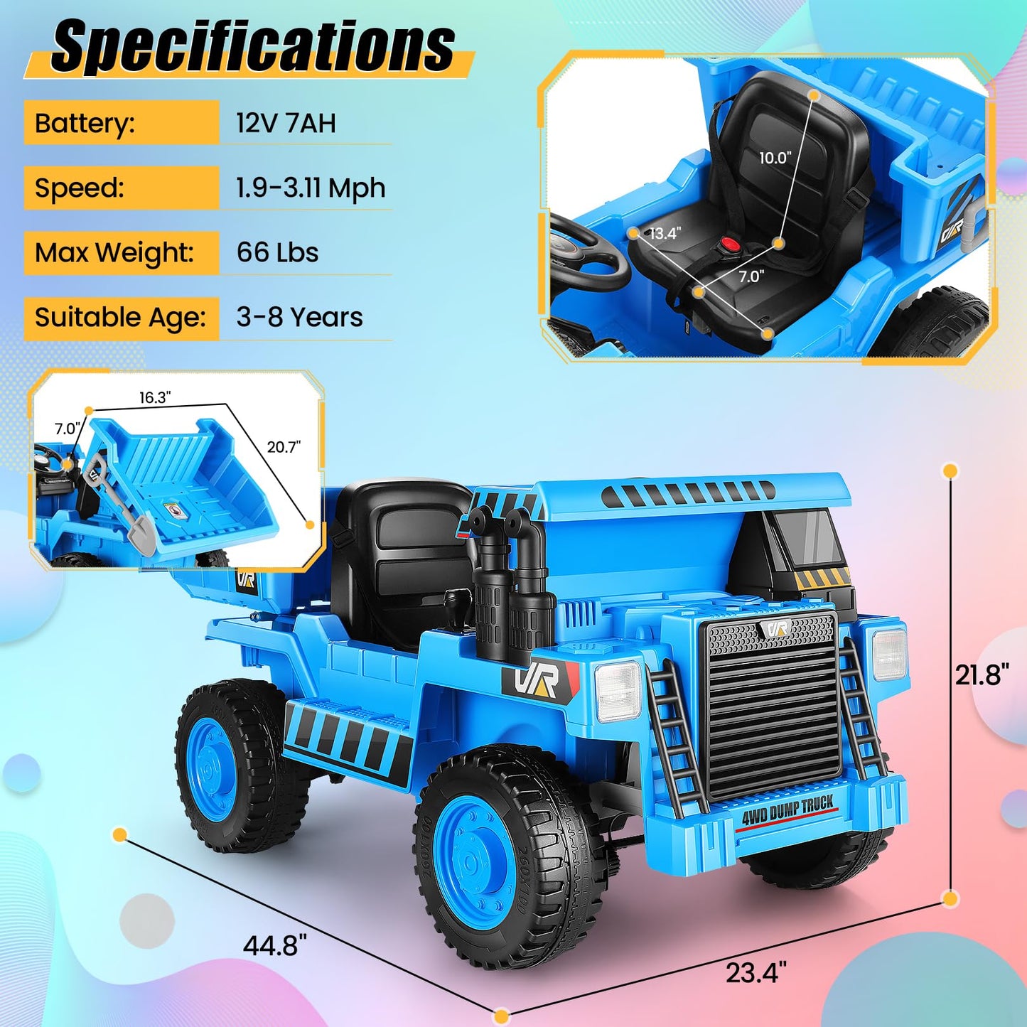 Hikole Kids Ride on Dump Truck with Remote Control, 12V 4WD Power Car Wheel with Dump Bed, Shovel, Bluetooth, Music Player, Ride
