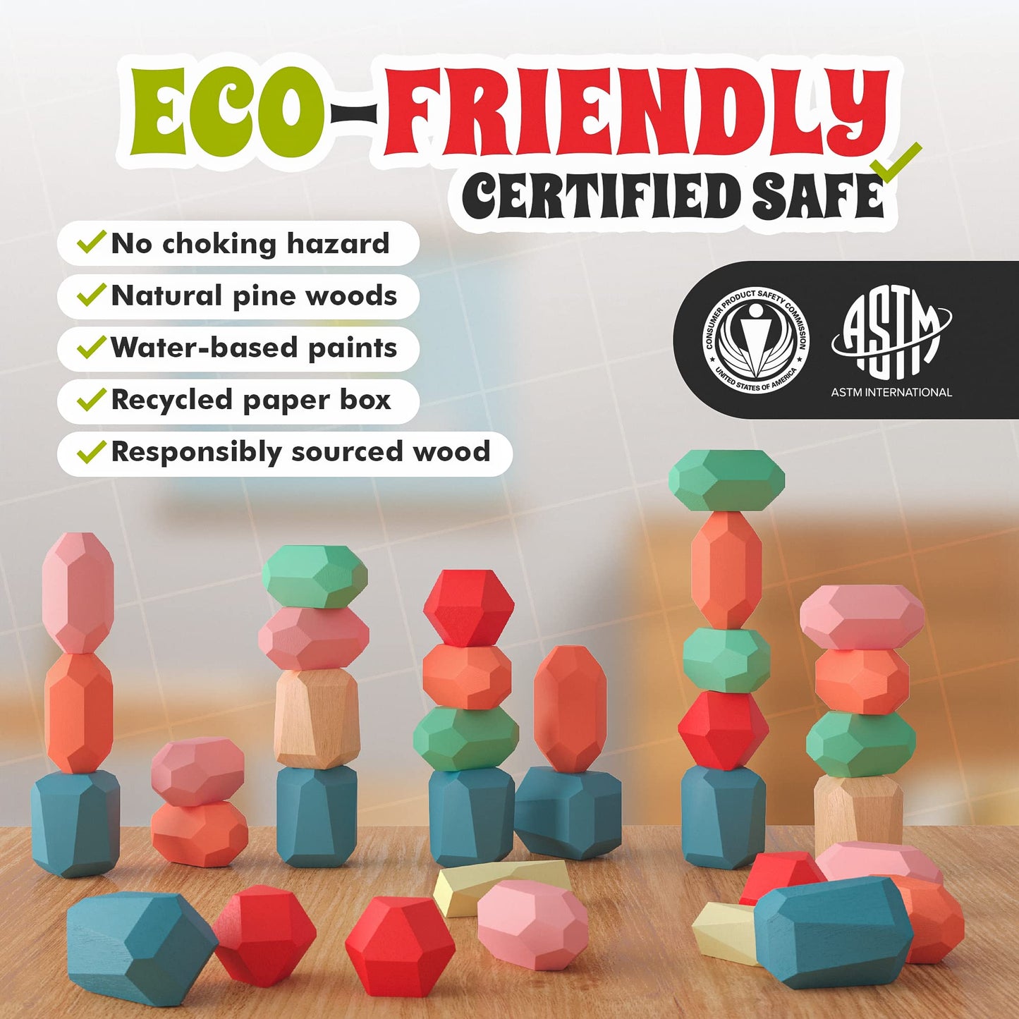 Eversmart 36 Pcs Wooden Stacking Blocks - Montessori Toys For 1 2 3 4 5 6 Year Old Toddlers And Kids, Xl Rocks, No Choking Hazar