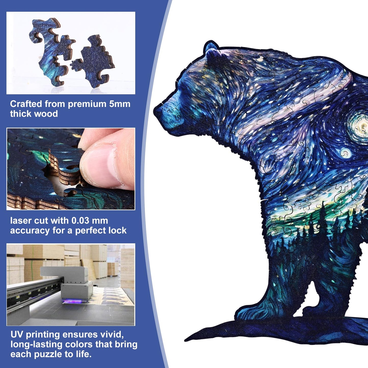 Yjacuing Wooden Jigsaw Puzzles For Adults, 300 Piece Unique Animal Shaped Premium 5Mm Wood Puzzles Family Game (Starry Bear, Lar