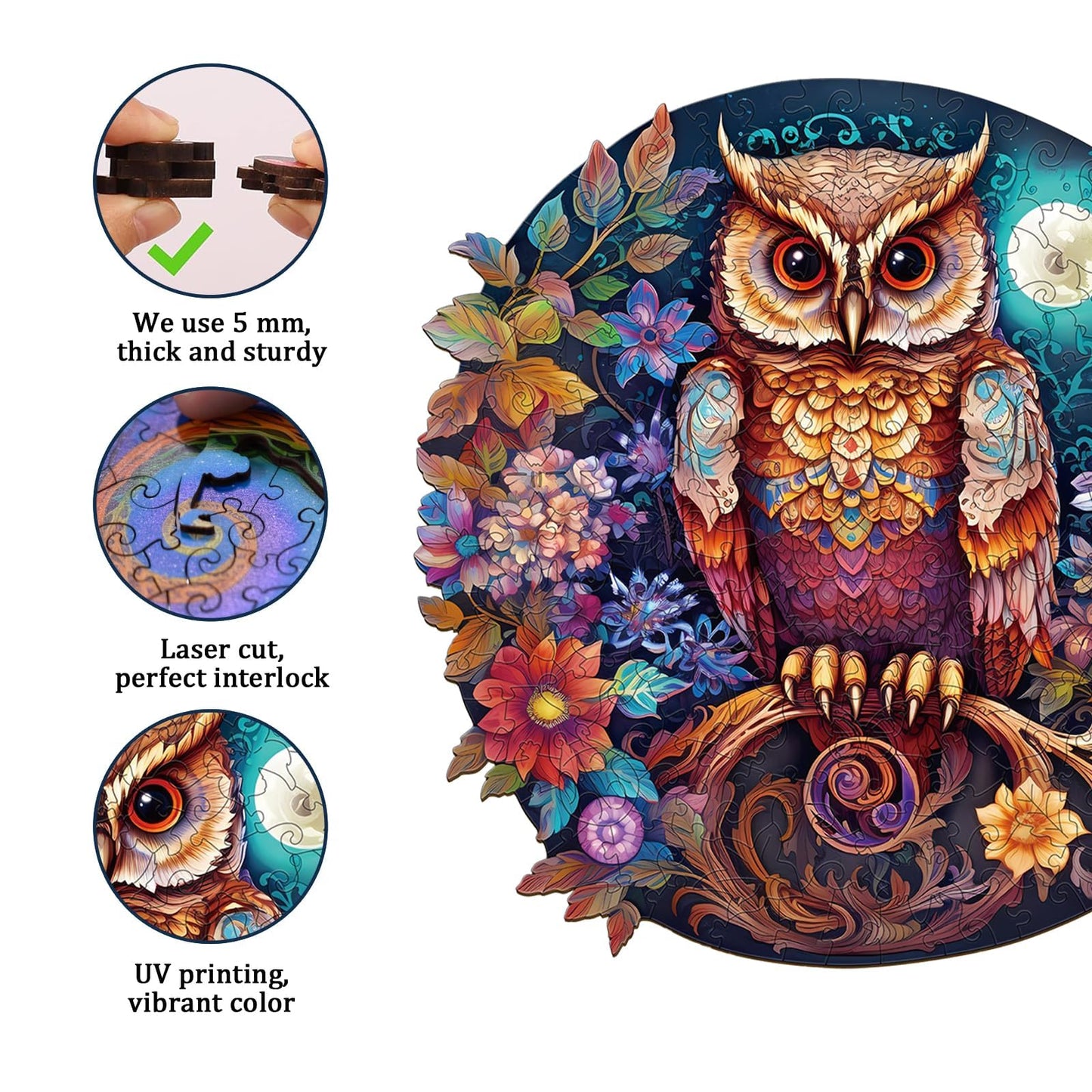 Jigfoxy Wooden Puzzles for mature-themeds  Owl Wood Puzzles mature-themed  Unique Animal Shape Wooden Jigsaw Puzzles  Birthday Gifts for Puzzles Lovers Family Friend (M-11.4 * 11.4in-190pcs)