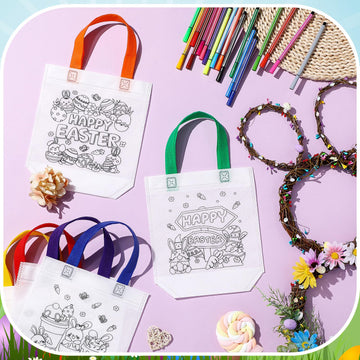 Vincreem 54 Pcs Easter Coloring Goodie Bags with 60 Pcs Colorful Markers Non Woven Coloring Bunny Egg Color Your Own Reusable Pa