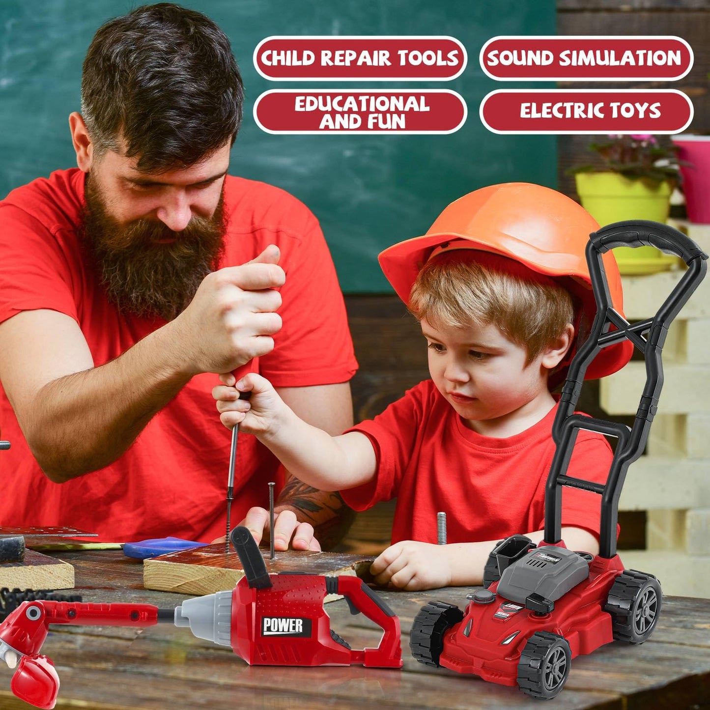 Arrowbash 2 Pcs Toy Gardening Tool Set for Kids Toy  Trimmer  Push Lawn Mower Battery Powered Gardening Tool Set with Lights and Sounds Gift for Boys Girls