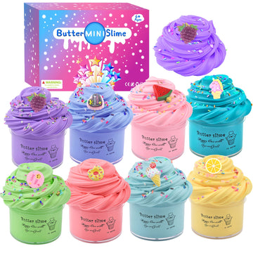 8 Pack Butter Slime Kit With Cake, Animal, Candy And Fruit Accessories - Super Stretchy, Non-Sticky, Educational Stress Reliever For Kids, Boys And Girls