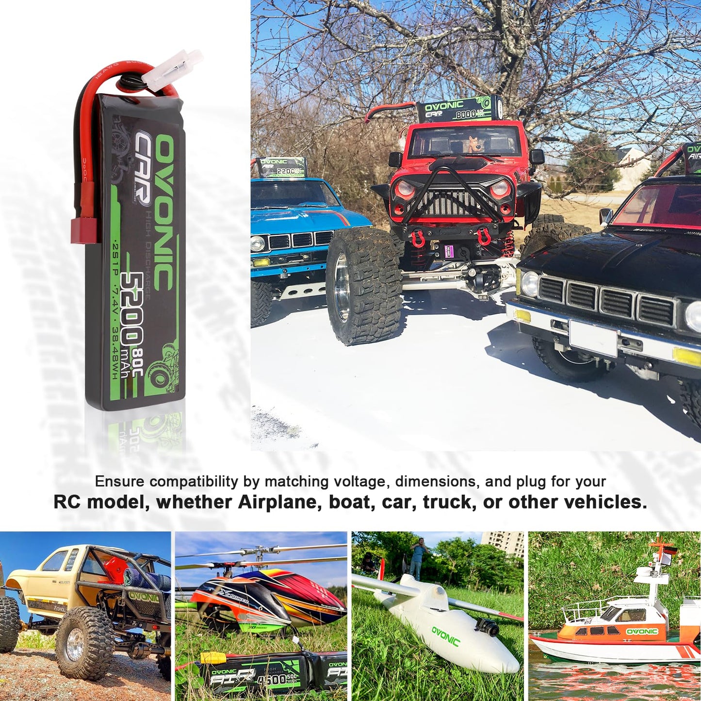 OVONIC 7.4V 2S Lipo Battery 5200mAh 80C Hard Case Battery Deans T Plug with Housing for 1/8 1/10 RC Vehicles Car Slash RC Buggy