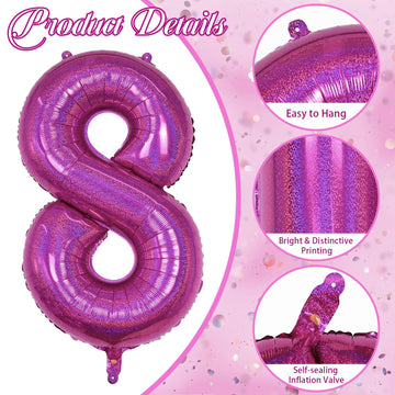 8Th Birthday Balloons For Girls, Big Laser Hot Pink Foil Number 8 Balloon Anniversary Party Decor, Mylar Self Inflating Helium 4