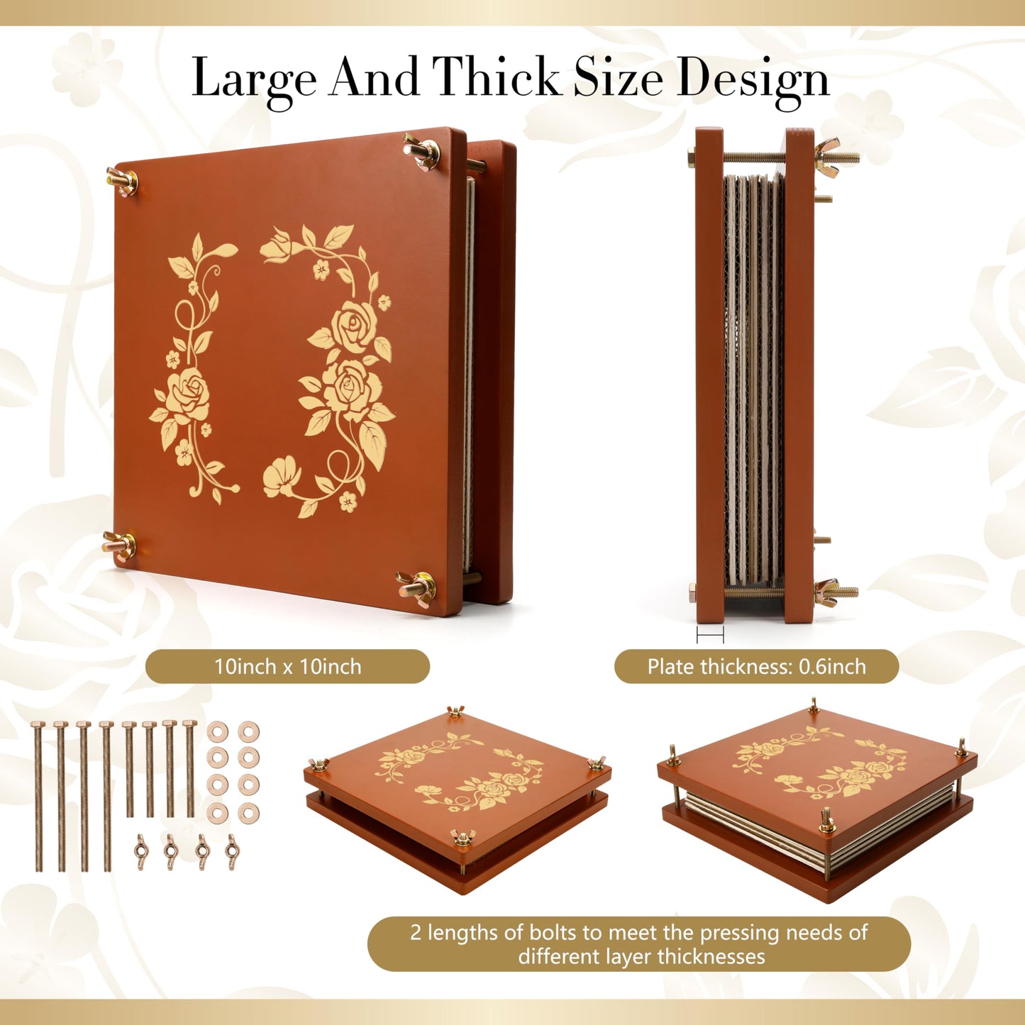 Aboofx Extra Large Wooden Flower Press Kit, 10 Layers, 10" x 10", DIY Craft Kit for Kids and Adults, Brown, Model F-036P