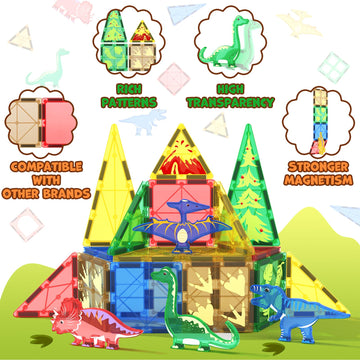 Dinosaur Toys Magnetic Tiles Building Blocks Kids Toys - Dinosaur World Stem Magnet Toys For Toddlers Creative Construction Play For 3+ Year Old Boys Girls Ideal Preschool Learning Sensory Toys