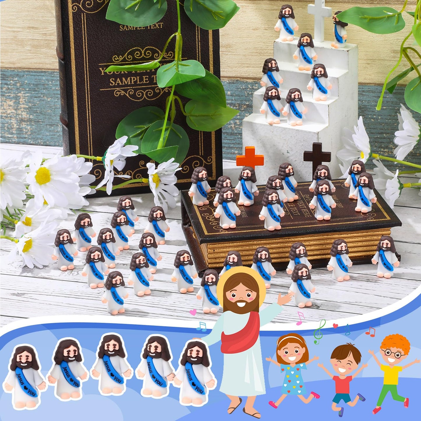 Bememo 100 Pcs Little Jesus Figures Jesus Loves You Original Design Rubber Pocket Toys Little Figures to Hide and Seek Sunday Sc