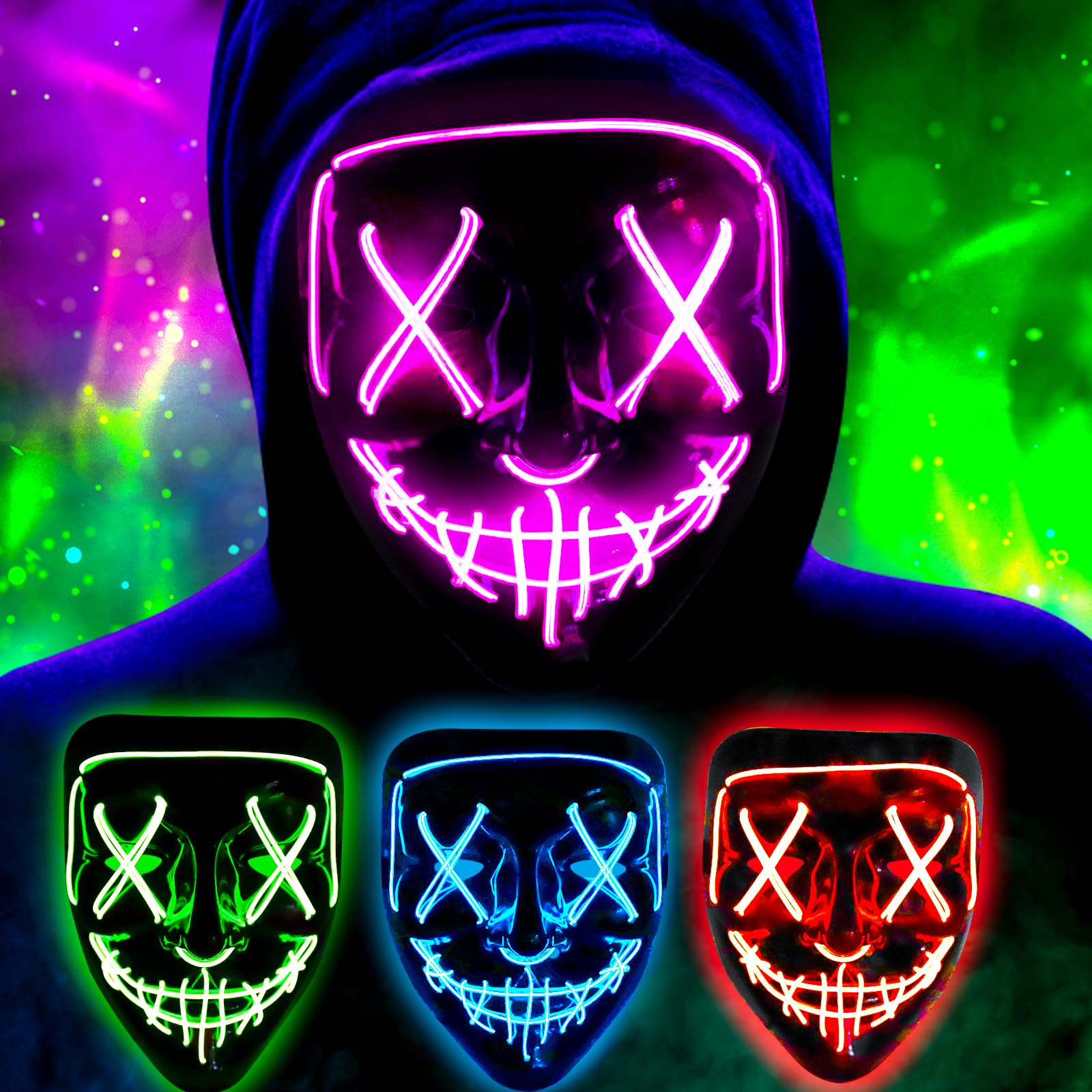 Onsucum Halloween LED Light Up Mask, Pink Scary Glowing Mask for Cosplay Costumes, Festival, Carnival Party Supplies Gifts