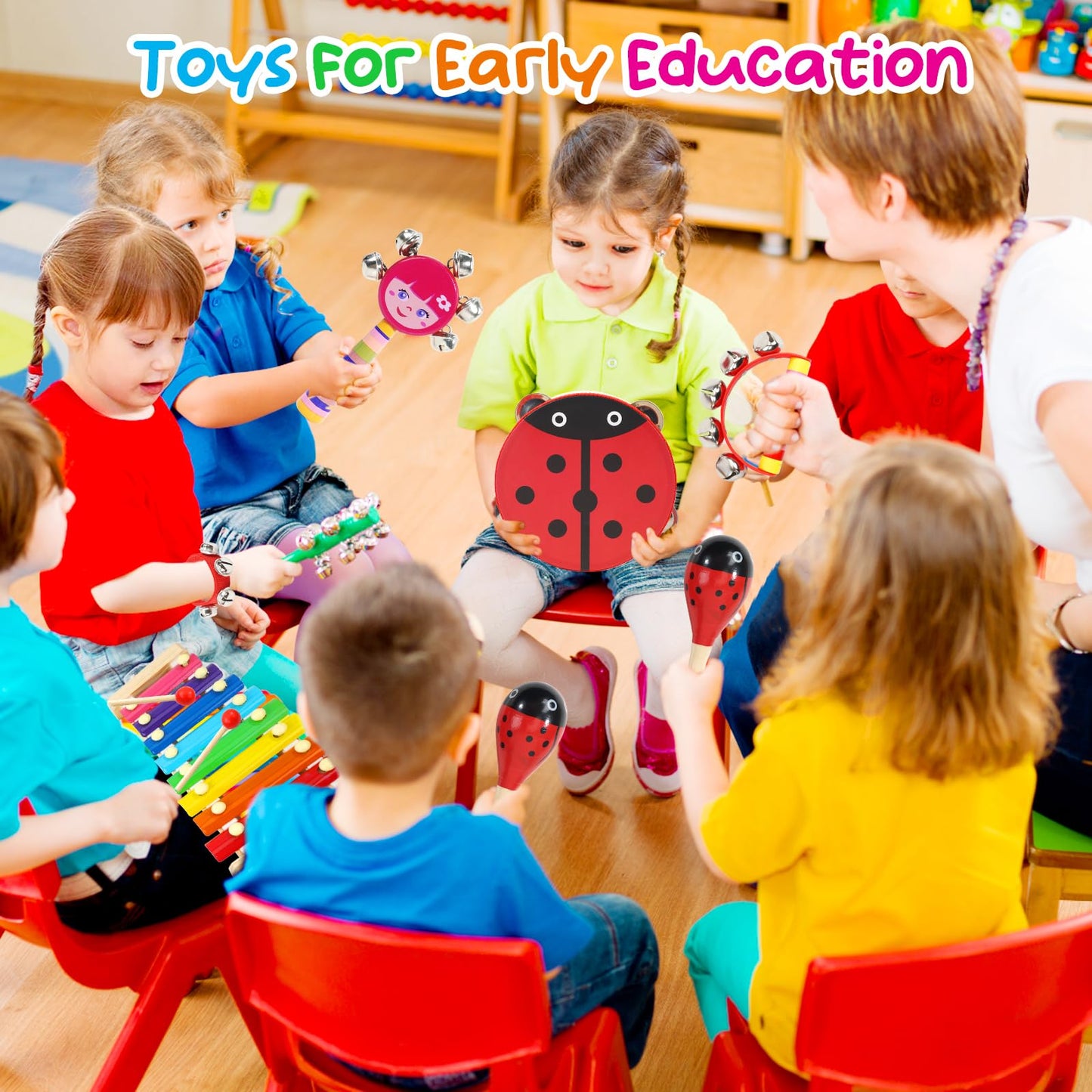Raimy Kids Musical Instruments Set - Wooden Percussion Instruments Toy For Toddler Baby, Preschool Educational Music Toys For Boys And Girls With Carrying Bag (Red)