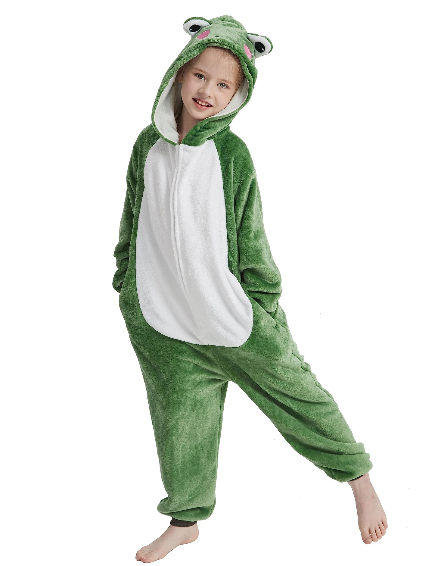 Acogna Onesie Kids Plush Animal Frog Costume One Piece Pajamas Girls Boys Teen Halloween Cosplay Sleepwear Green 8-9 Years