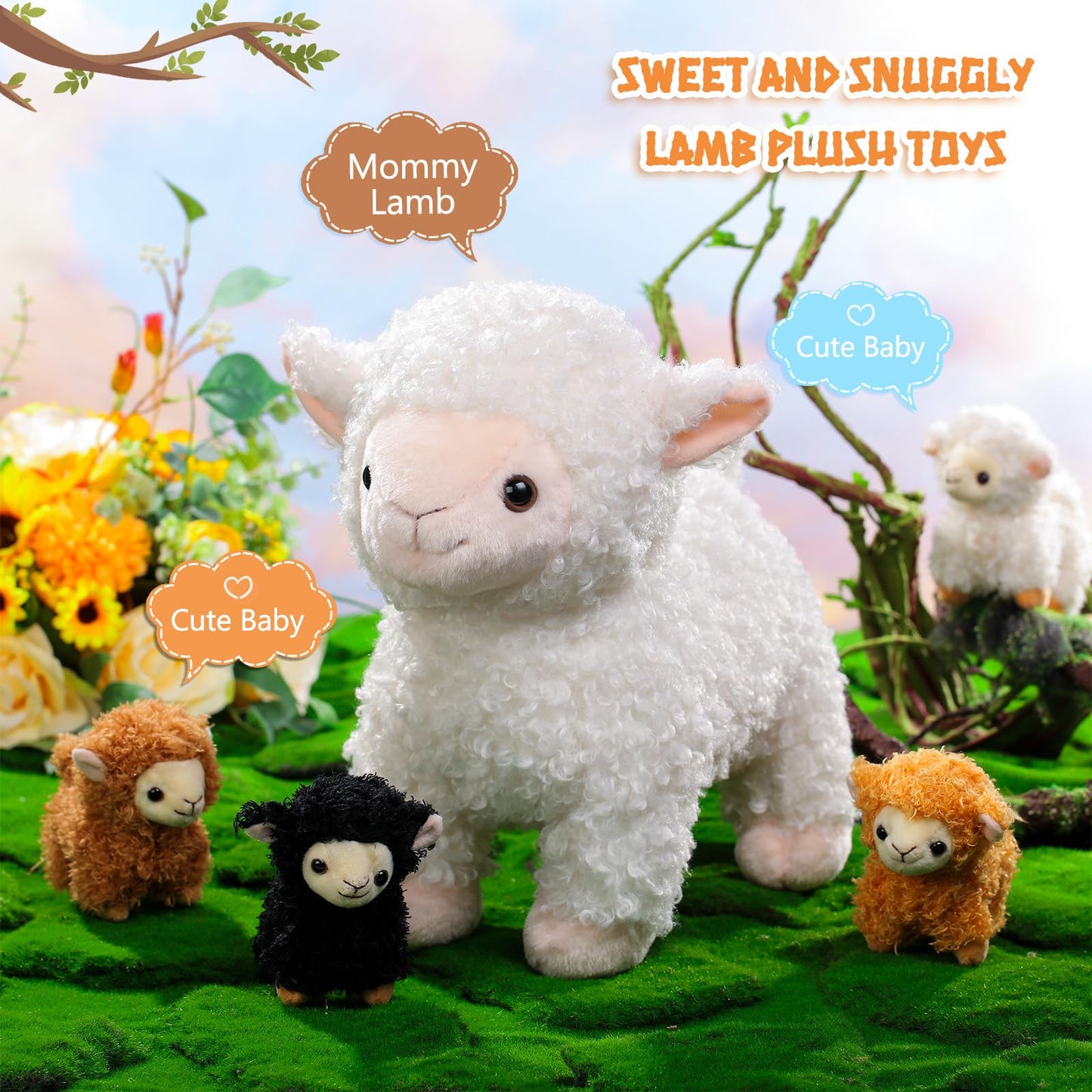 Lenwen 5 Pcs Lamb Stuffed Animal Toys Sets, 14 Inch Mommy Lamb Plush With 4 Cute Babies In Her Zippered Tummy Soft Cuddly Nursery Sheep Plushie For Farm Birthday Baby Shower Easter Gifts(Cute Style)