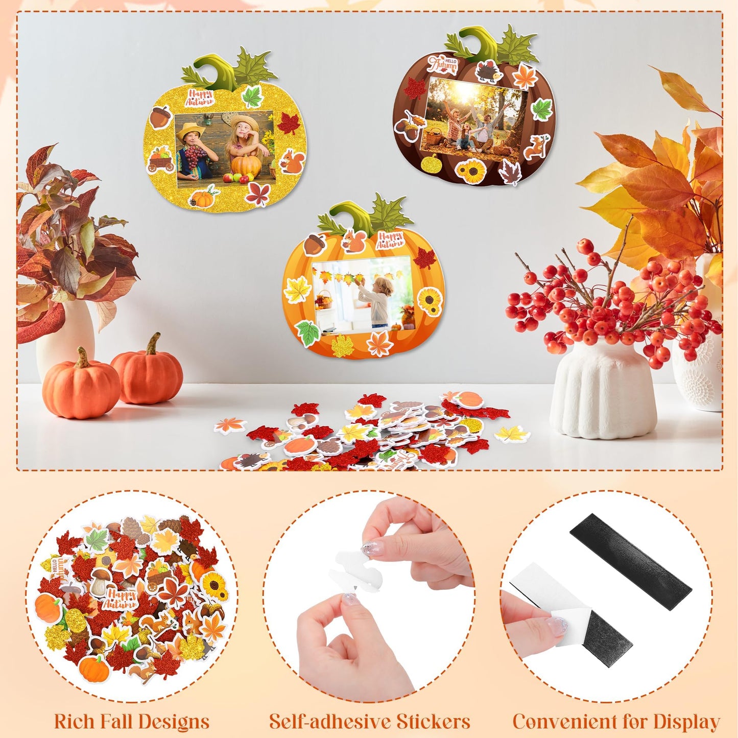 Fovths 24 Pack Fall DIY Foam Picture Frames Craft Kit Thanksgiving Autumn Pumpkin Photo Frame Ornaments with 300 Stickers for Th