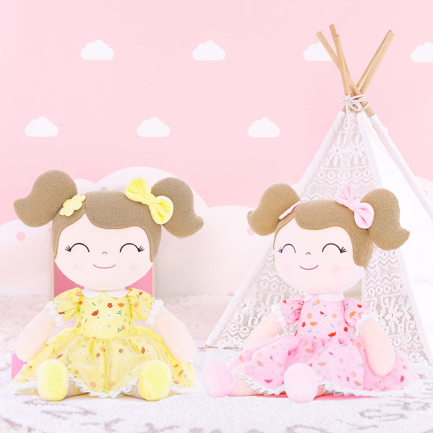 Gloveleya Baby Girl Gift Soft First Baby Doll Plush Doll Floral Yellow 16 ''