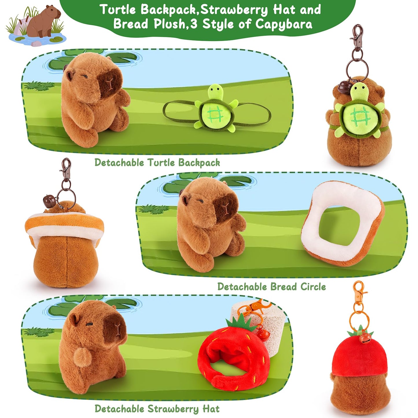 Achwishap 3PCS Capybara Plush Keychain,Cute Keychain Capybara Stuffed Animal,Soft Capybara Plush Toys Key Chain,Kawaii Plushie S