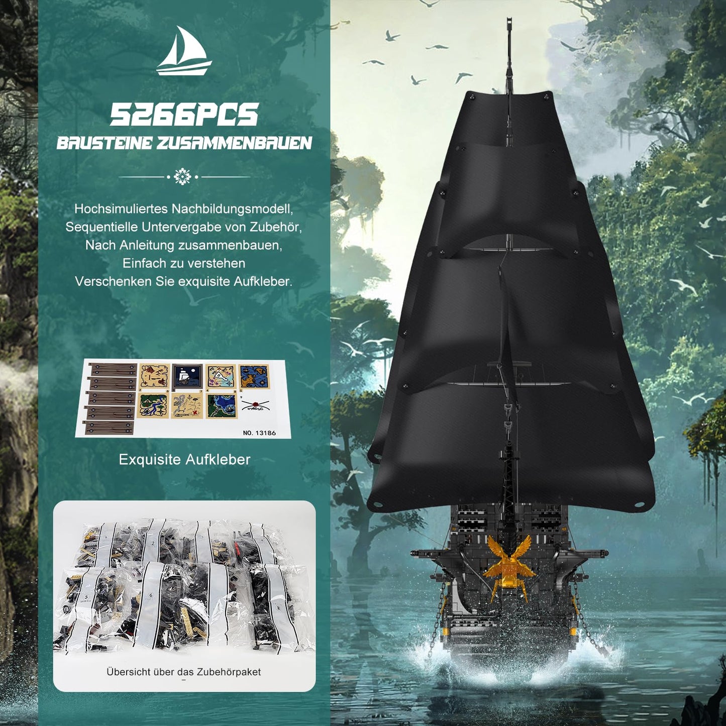 Mould King Pirate Ship Model Building Blocks Kits, Black Pearl Ship Moc Model Set To Build, Large Pirates Ship Boat Model Blocks Assembly Toy For Teens Collections (5266 Pieces)