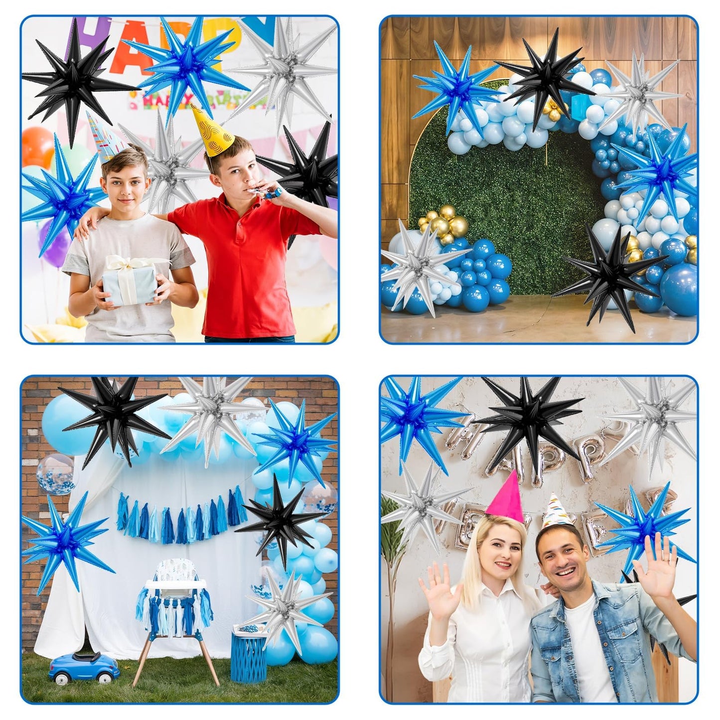 6PCS Star Balloons, 22Inch Large Black Blue Silver Star Balloon Explosion Foil Balloons Cone Spike Balloon for Birthday Graduati