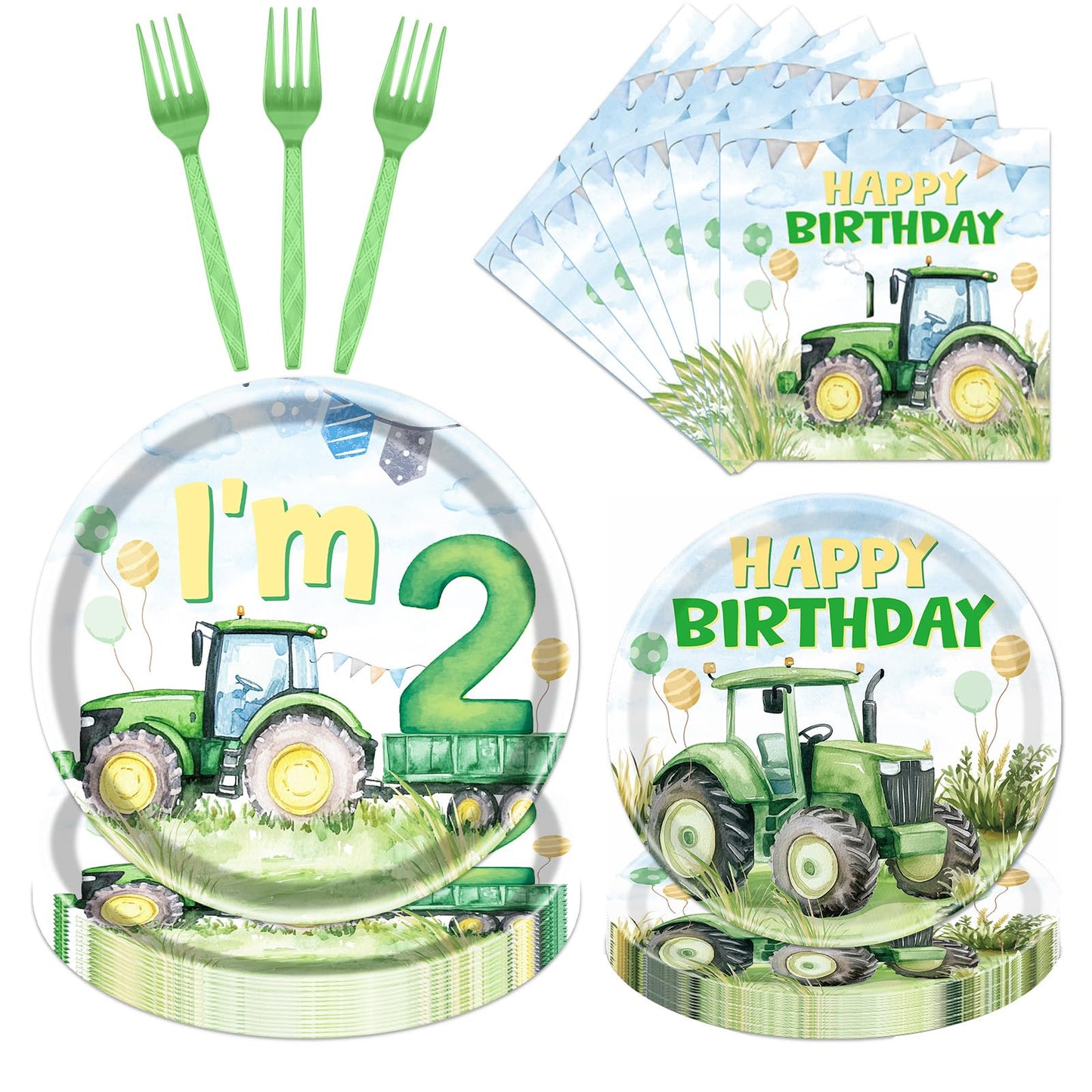Rakuto Tractor 2nd Birthday Decorations Supplies, 96PCS Tractor Party Plates Napkins and Forks Set, Disposable Farm Two Years Ol