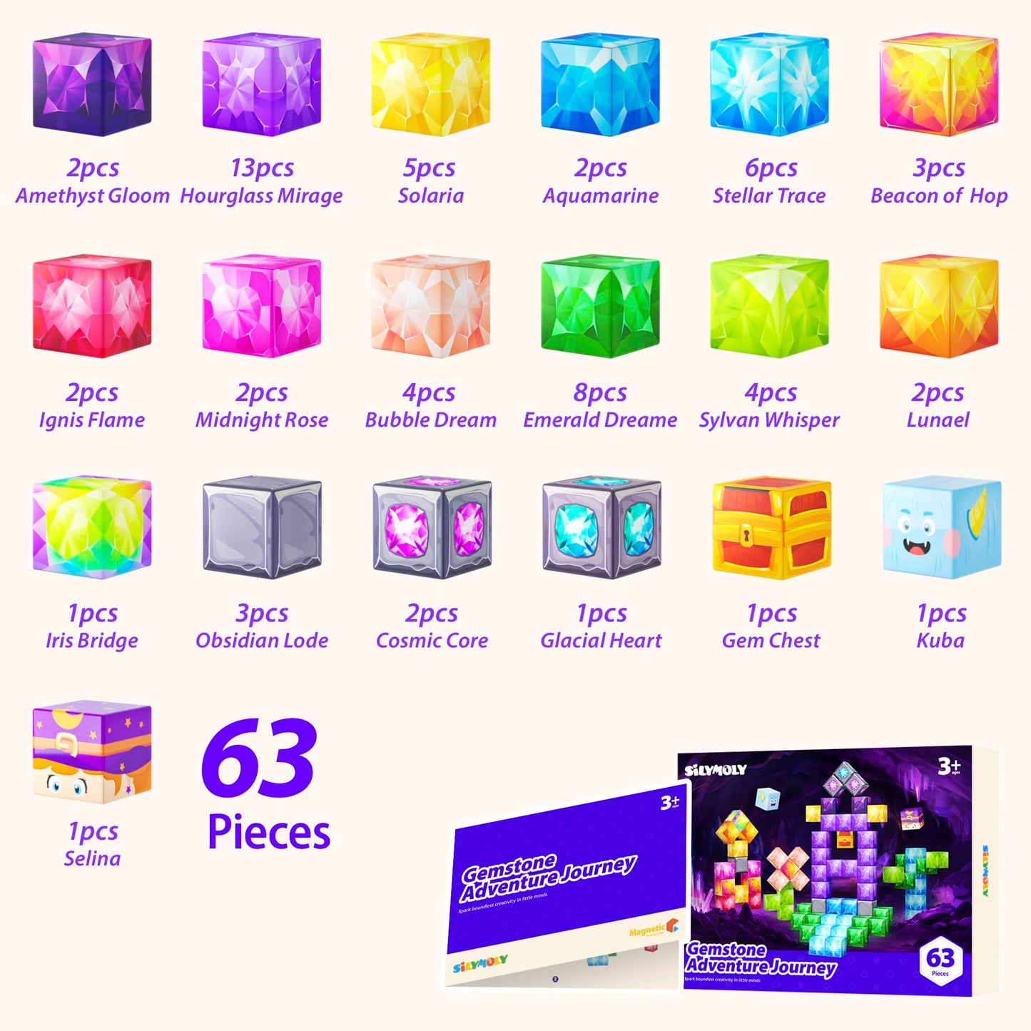 Silymoly Magnetic Blocks, Jewel Adventures Theme, Magnetic Building Cubes, Gemstone Magnetic Building Blocks Boys & Girls Toys A