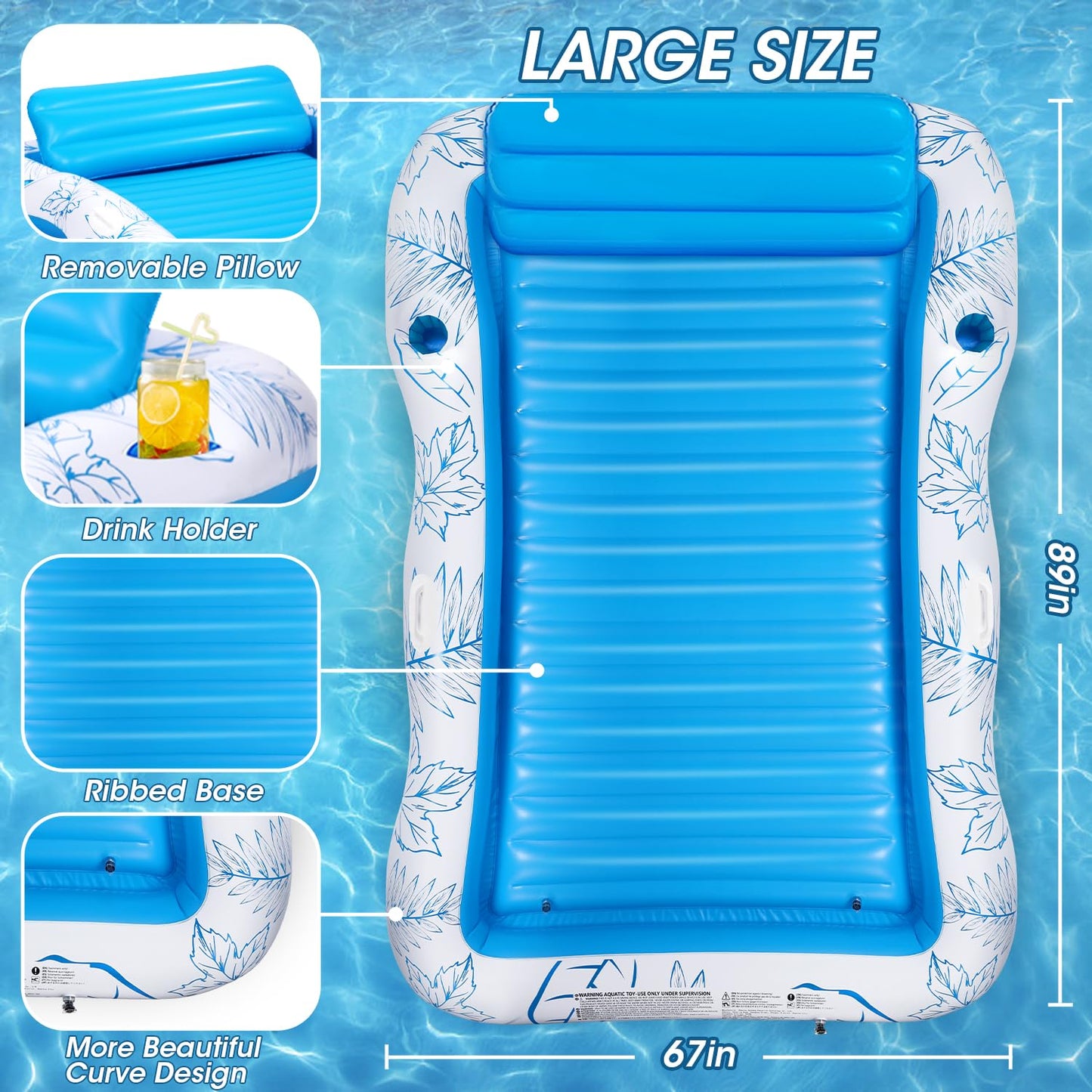 Inflatable mature-themed Pool Lounger Float - BAIAI Extra Large Beach Sun Tanning Floats Raft Sunbathing Water Lounge Floaties Tub with Drink Holder Blow Up Lake Suntan Floating Swimming Mattress Mat (XXL)