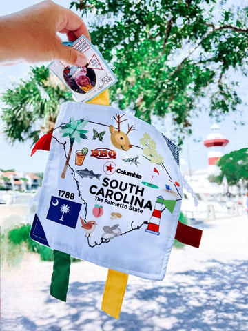 Baby Jack & Co 8X8” Learning Lovey Tag Toys For Babies - Baby Crinkle Toys - Crinkle Toys For Baby - Soft & Safe - Learn Usa State Facts - Ideal Baby Toy Bpa Free W/Stroller Clip (South Carolina)