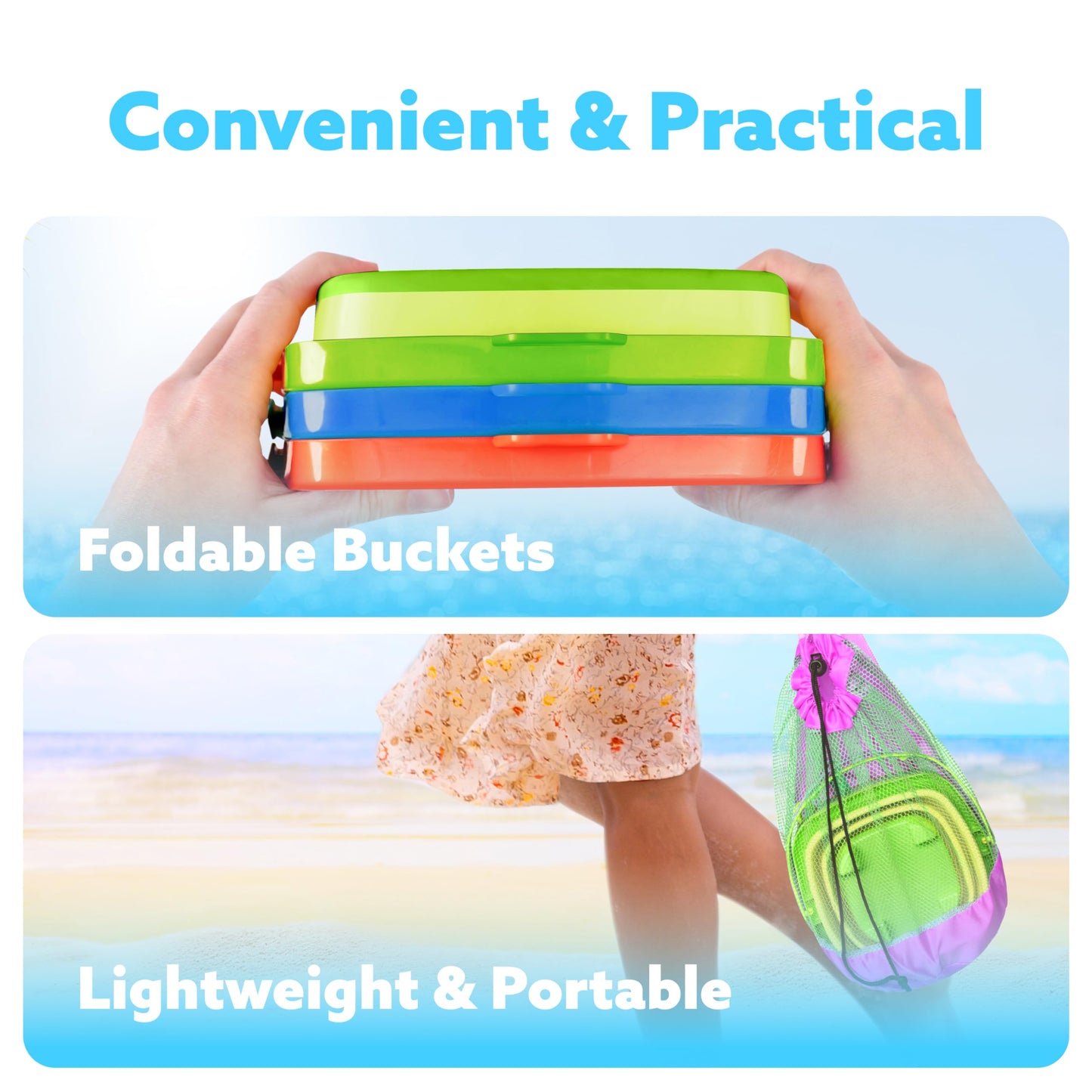 Sloosh 3-Pack Collapsible Sand Toys - Square Foldable Pail Silicone Beach Water Bucket With 3 Shovels For Sandbox Play, Party In