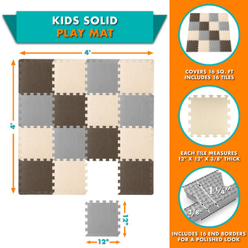 Prosource Foam Puzzle Floor Play Mat For Kids And Babies With Solid Colors, 36 Or 16 Interlocking Tiles With Borders, Brown/Beige/Grey