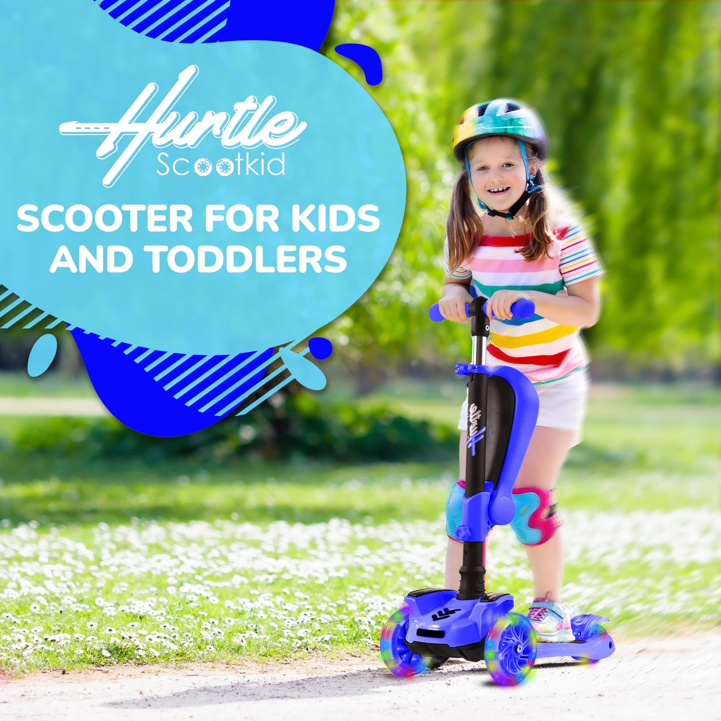 Hurtle 3-Wheeled Kids Scooter - Adjustable Lean-to-Steer Handlebar, Wheel LED Lights, Foldable Seat, Blue, One Size, Model HURFS56