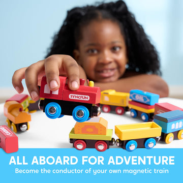 Syncfun Montessori Wooden Train Toy Set For Kids, 12Pcs Magnetic Train Cars With Storage Gift Box, Stem Educational Toy For Boys