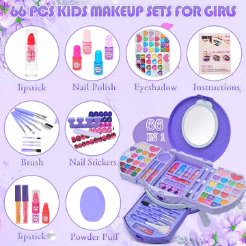 Kids Makeup Sets for Girls - 66 PCS Makeup for Kids with Dresser Vanity Case, Washable and Safe Girls Makeup Sets Ages 3-12, Chr