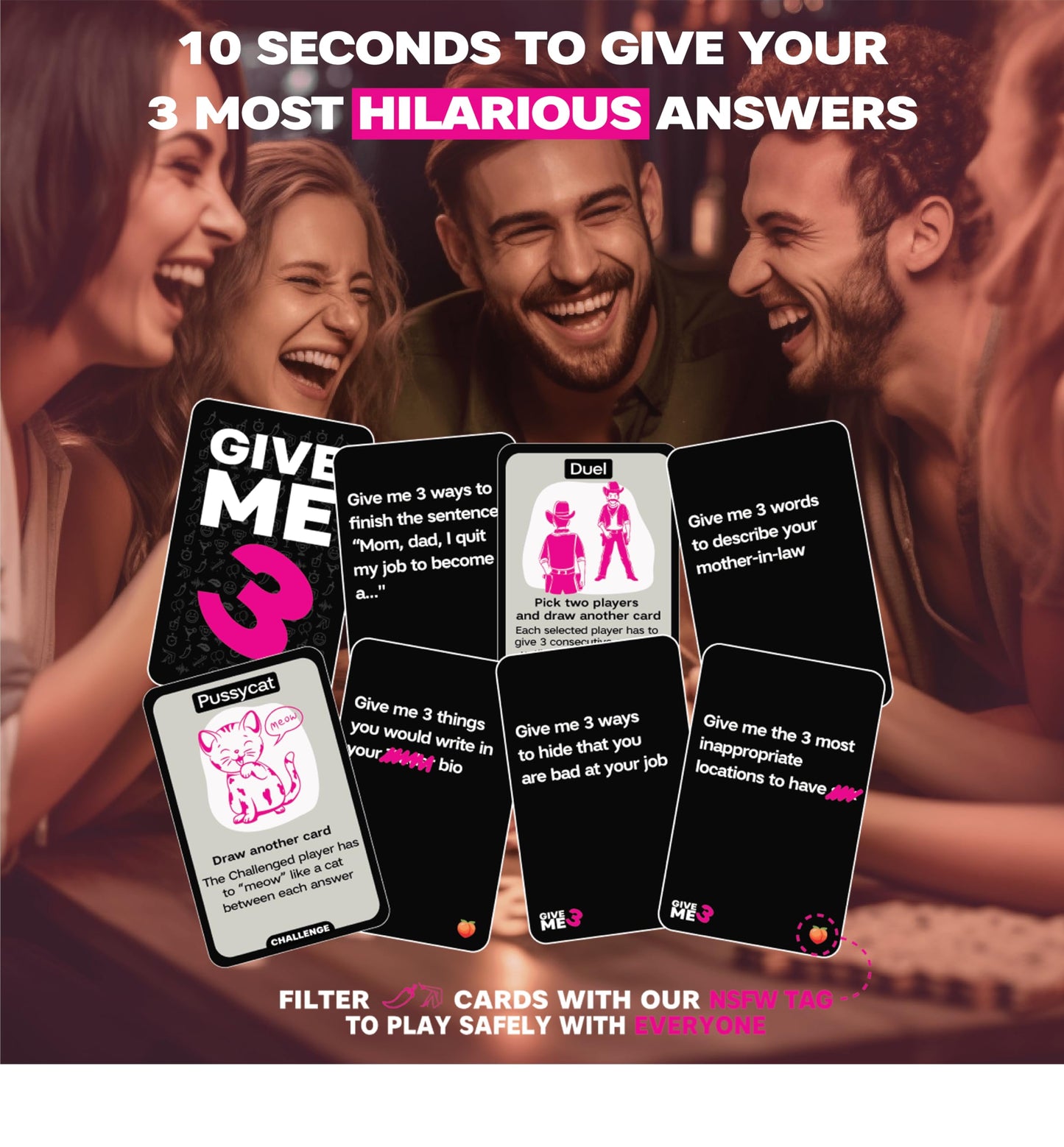 SAVANA Give Me 3 Card Game - Fast Paced Adult Party Game for 2+ Players, Standard Size, Cardboard, White/Black/Pink, Model GM3-US-01