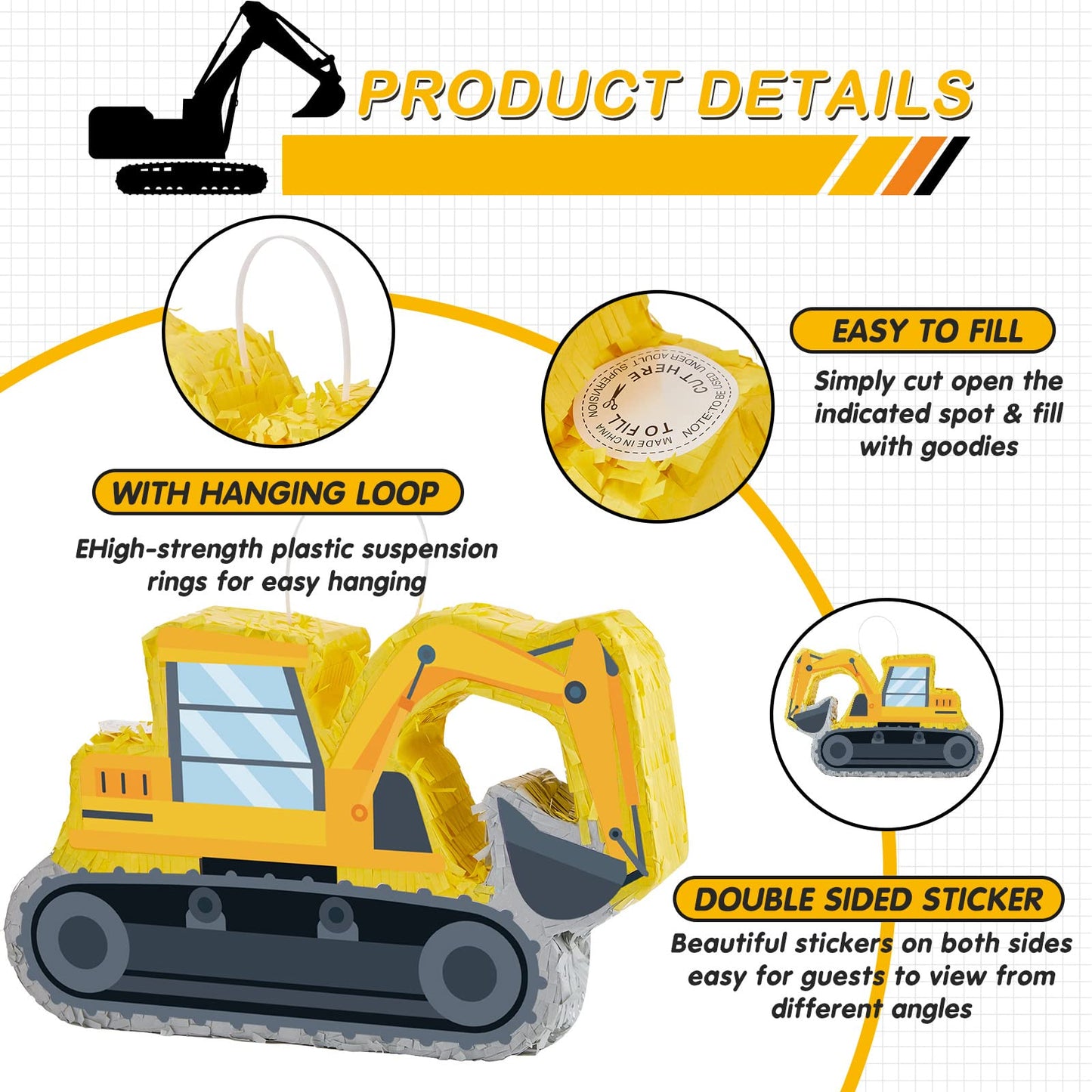Lewtemi Digger Piñatas For Birthday Party Construction Excavator Piñata With Stick, Blindfold, Confetti For Adults Birthday Baby Shower Party Supplies