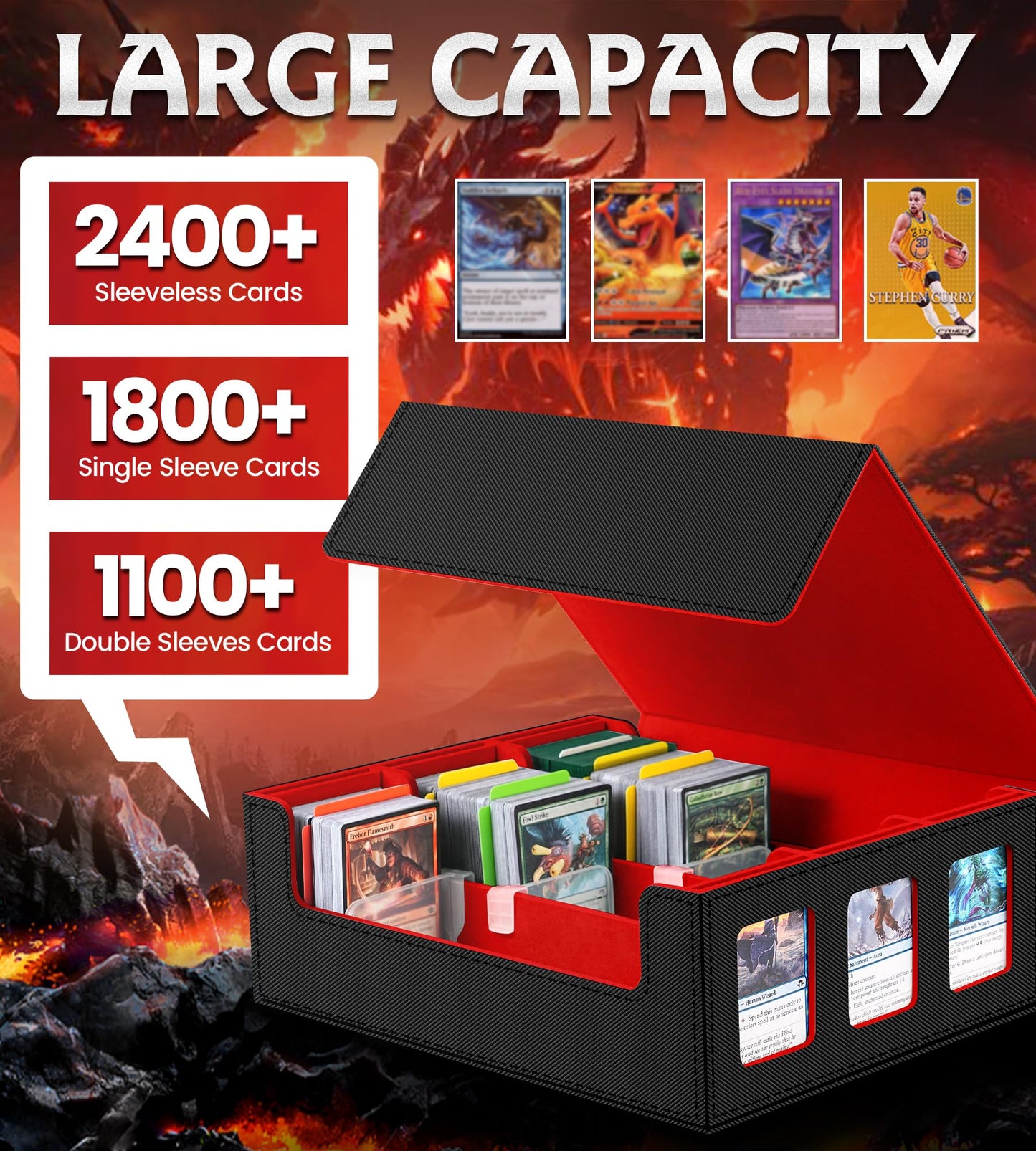 Newloop Trading Cards Storage Box - 6-Window Display 2400+ Tcg Pkm Commander Deck Case With 6 Card Holders For Magic The Gatheri