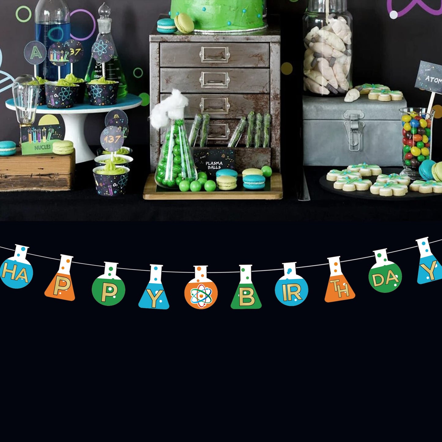 YiiiGoood Science Theme Happy Birthday Paper Banner For Kids Birthday Party