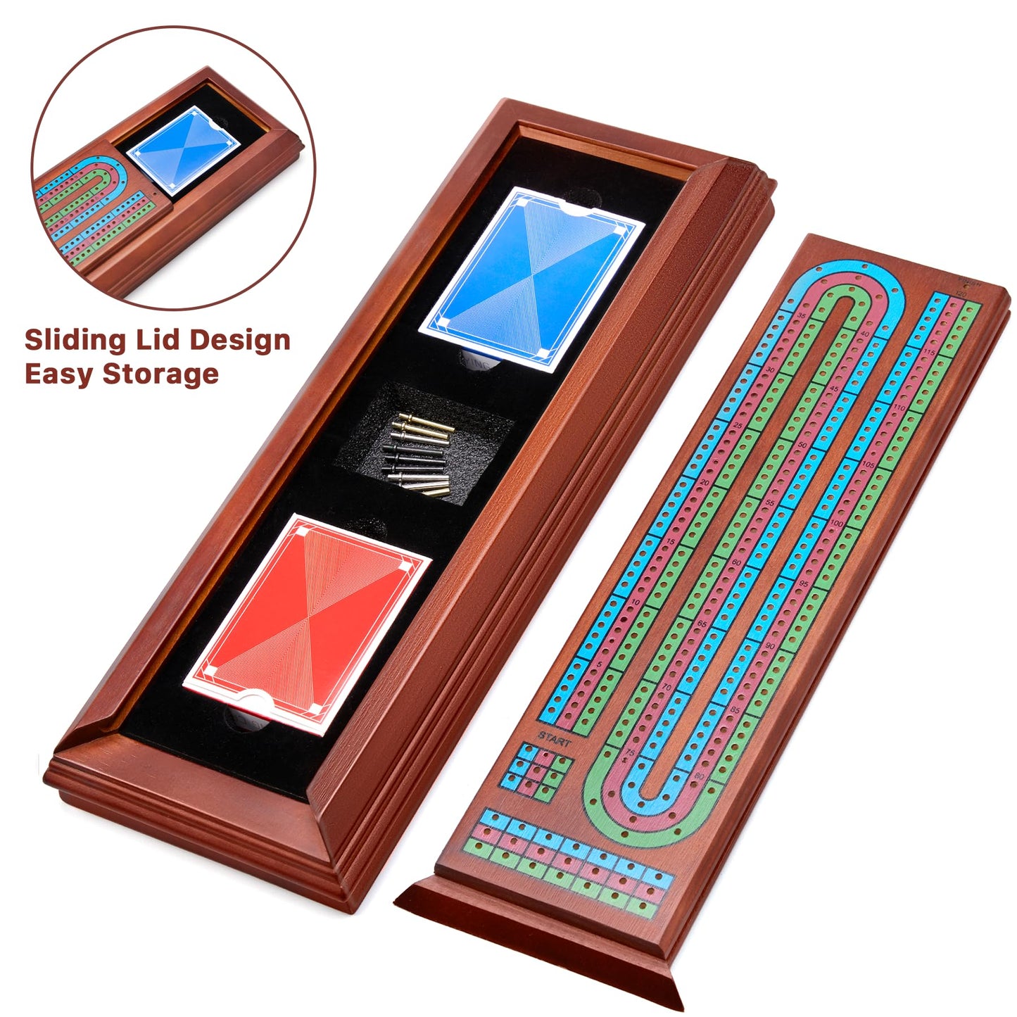 Elongdi Wooden Cribbage Board Game Set With Large Storage Area,9 Metal Pegs & 2 Playing Cards Continuous Solid Wood 3 Track Board Travel Portable Cards Games For Adults Family