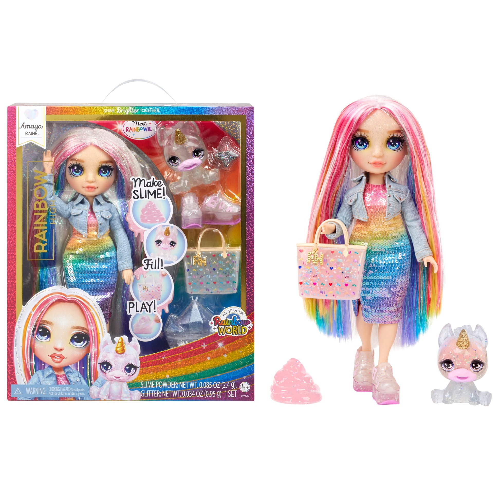 Rainbow High Amaya, Rainbow with Slime Kit & Pet, 11 Shimmer Posable Fashion Doll with DIY Sparkle Slime, Magical Yeti Pet, Fun 
