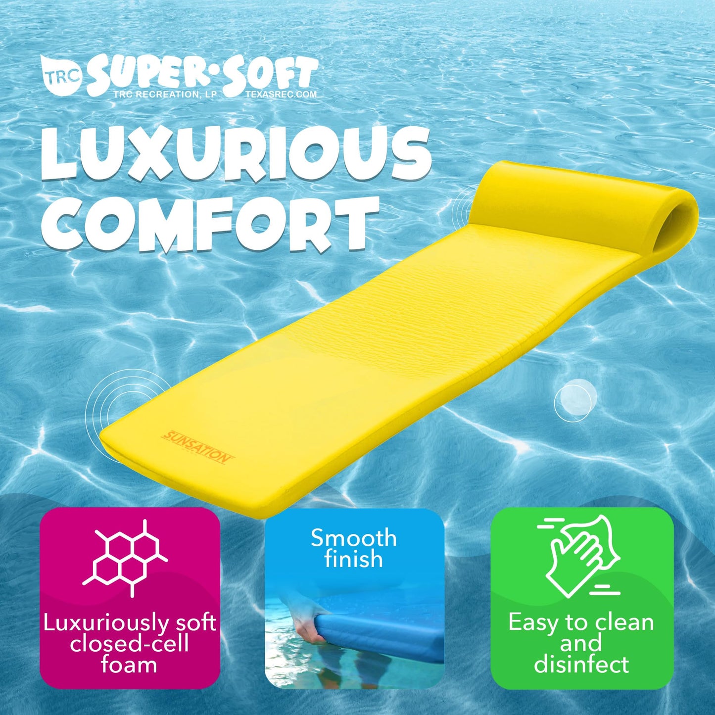 TRC Recreation Sunsation 1.75  Thick Vinyl Coated Foam Swimming Pool Float Mat mature-themed Lounger with Built-In Roll Pillow  Yellow
