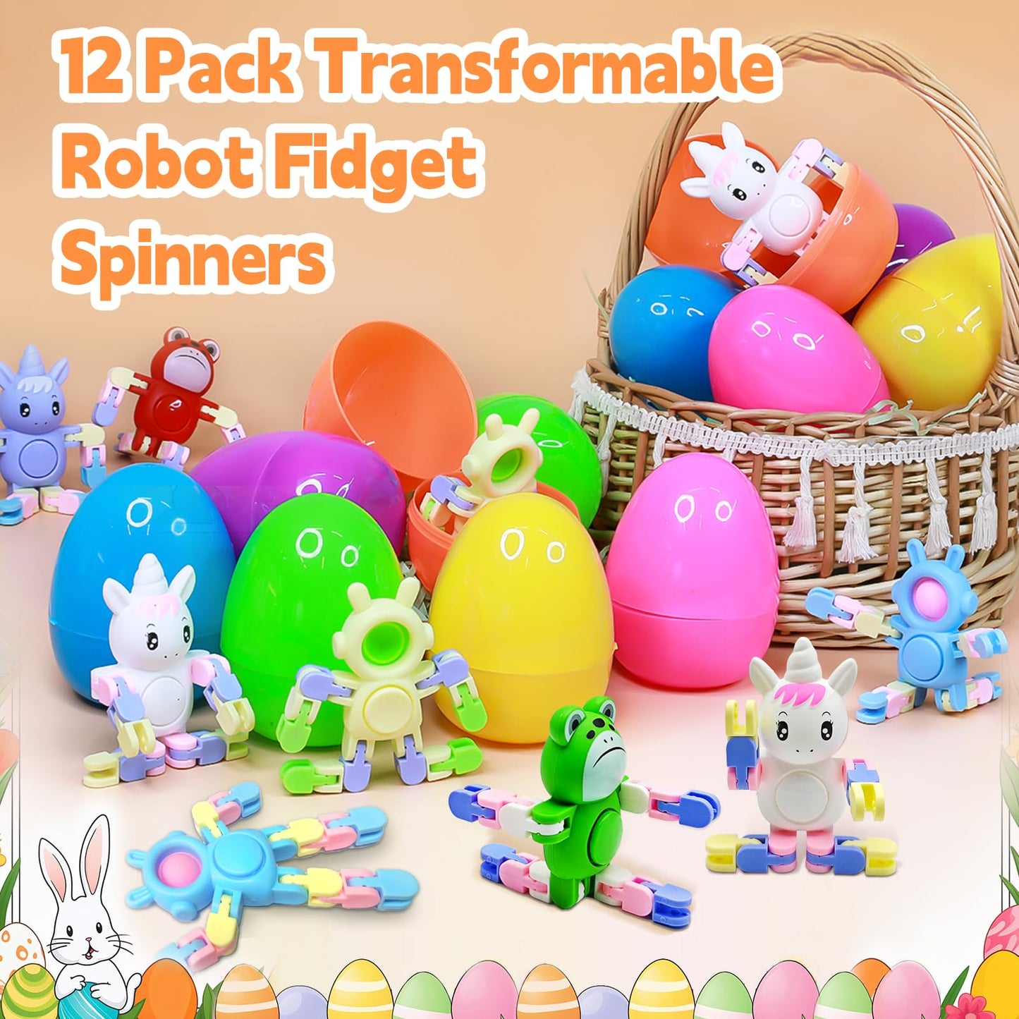 12-Pack 3.8'' Jumbo Prefilled Easter Eggs With Transformable Bunny Unicorn & Frog Fidget Spinners Easter Basket Essential Pop An