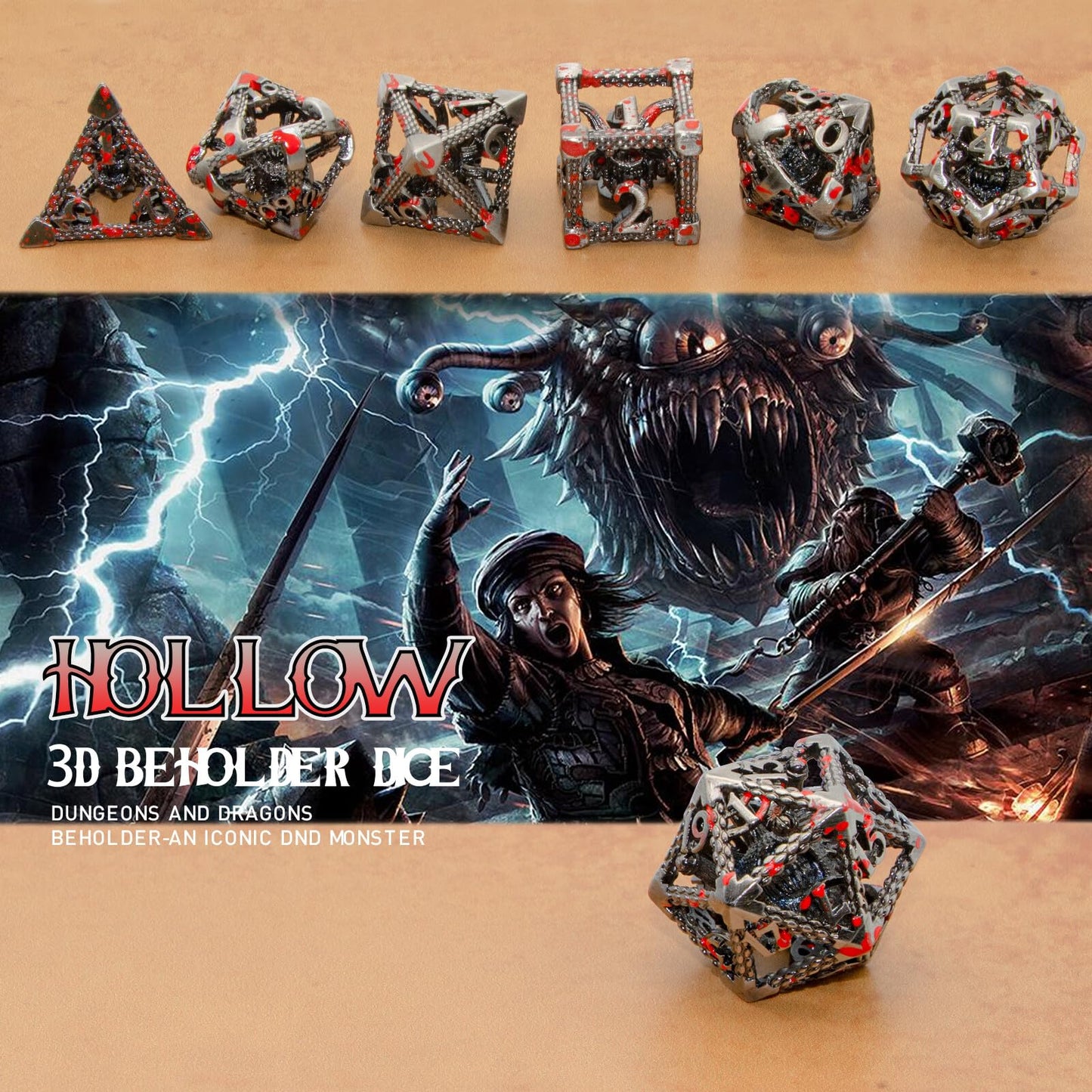 Metal Dice Set D&D, HNCCESG 7 PCS Hollow Beholder DND Dice Set for Dungeons and Dragon for RPG and Tabletop Games (Eye-SilverBlo