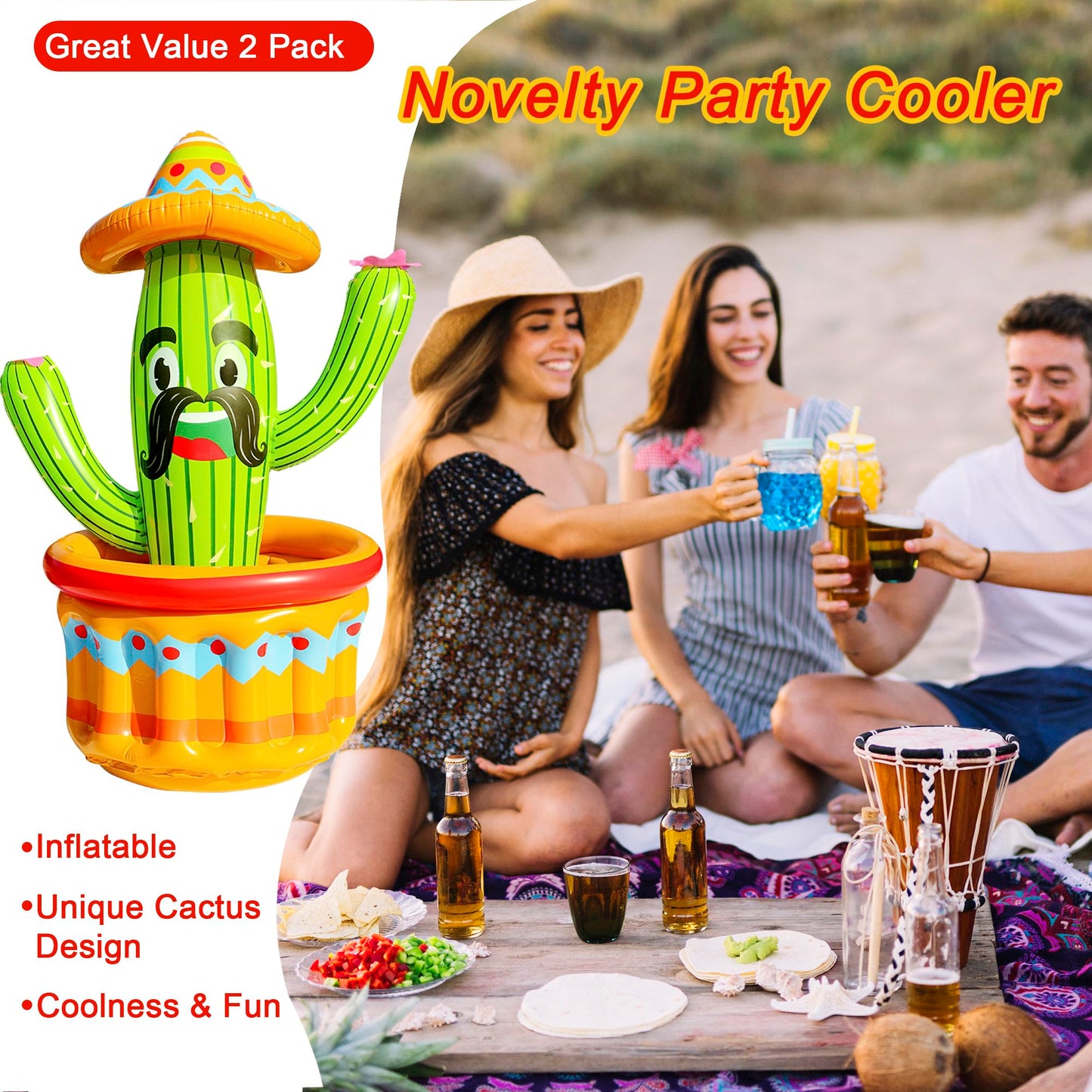 Parentswell 2 Pack Inflatable Cactus Coolers, 47.5'' Inflatable Drink Party Cooler Blow Up Cactus Ice Bucket For Summer Fiesta Cinco De Mayo Pool Party Supplies Mexican Decoration
