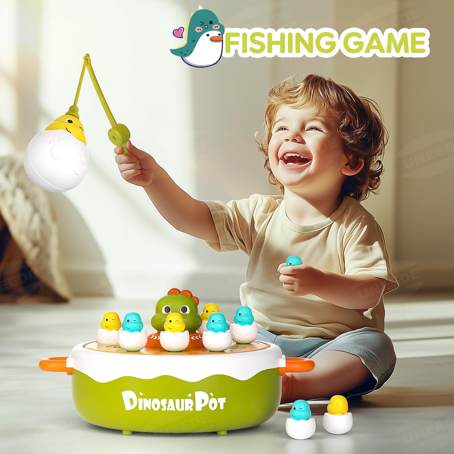 Uneede 4 In 1 Bounce And Catch Dinosaur Toys, Magnetic Fishing Game, Tic Tac Toe, Bowling And Pop Up Family Operation Game, Chri